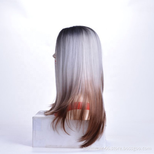 Wholesale Natural Long Silky Straight Silver Grey Synthetic Lace Front Wig For White Women